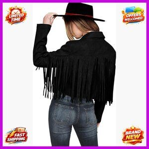 Faux Suede Fringe Cropped Jacket, Slim Fit, Long Sleeve, Motorcycle Style